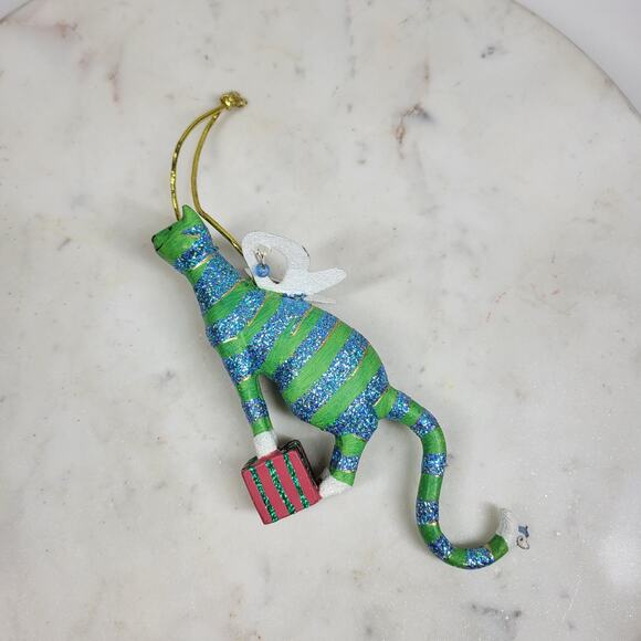Vtg Cat Christmas Ornament 6.5" Green Glitter Striped Angel Wings Holiday Decor - Picture 7 of 15